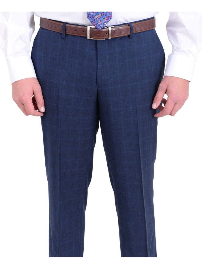 London Fog TWO PIECE SUITS Mens Extra Slim Fit Blue Windowpane Two Button Wool Blend Suit