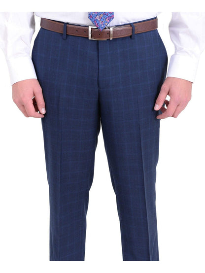 London Fog TWO PIECE SUITS Mens Extra Slim Fit Blue Windowpane Two Button Wool Blend Suit