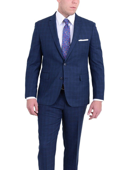 London Fog TWO PIECE SUITS 36S Mens Extra Slim Fit Blue Windowpane Two Button Wool Blend Suit