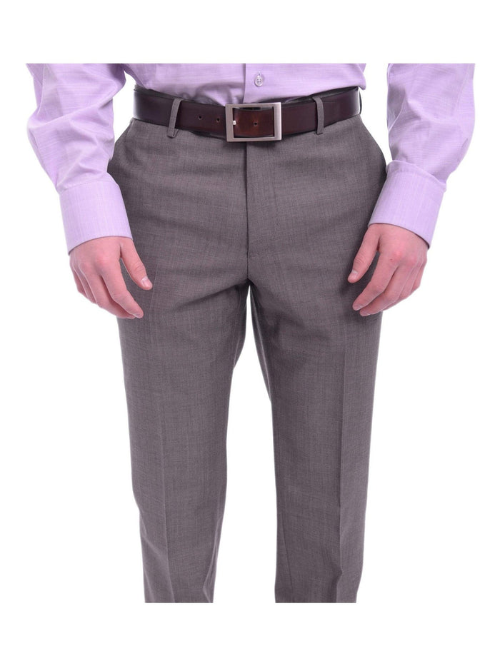 Napoli PANTS Mens Napoli Slim Fit Light Brown Harringbone Flat Front Wool Dress Pants