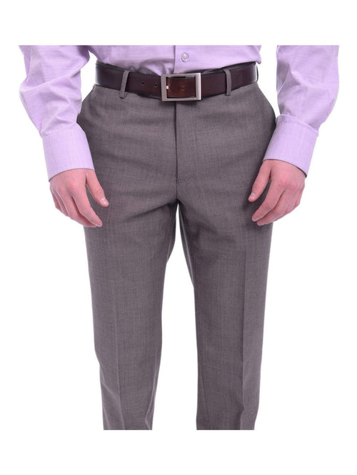 Napoli PANTS Mens Napoli Slim Fit Light Brown Harringbone Flat Front Wool Dress Pants