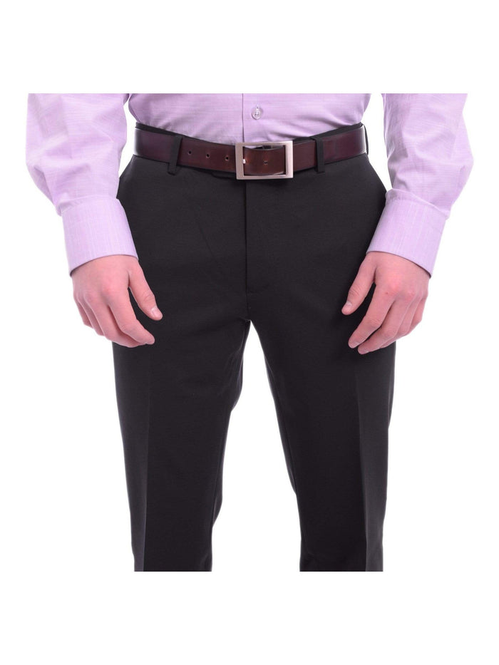 Napoli PANTS Mens Napoli Slim Fit Solid Navy Blue Flat Front Wool Dress Pants