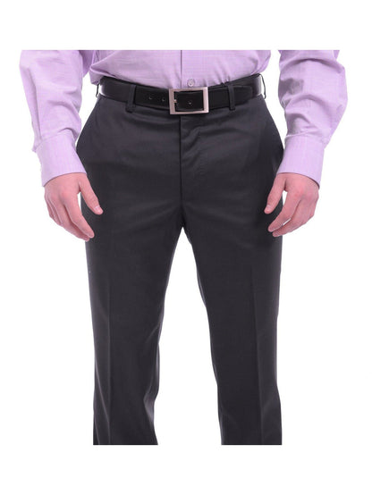 Mens Napoli Slim Fit Solid Navy Blue Flat Front Wool Dress Pants - The Suit Depot