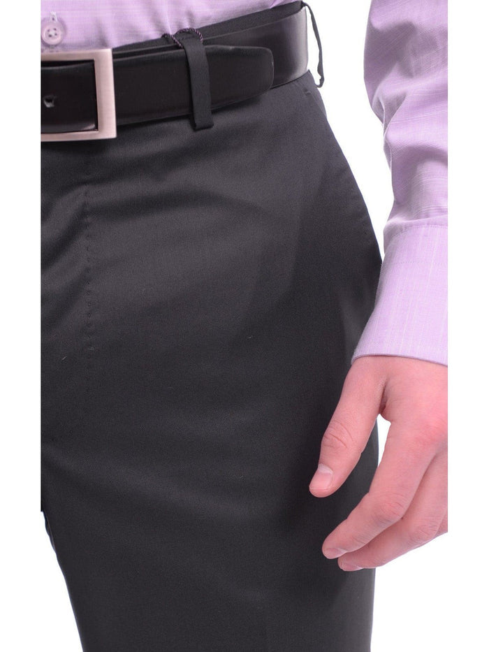 Mens Napoli Slim Fit Solid Navy Blue Flat Front Wool Dress Pants - The Suit Depot