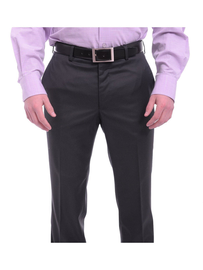 Mens Napoli Slim Fit Solid Navy Blue Flat Front Wool Dress Pants - The Suit Depot