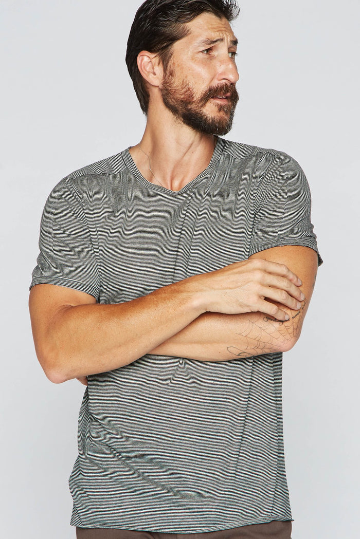 Men's Raw Edge Patch Sleeve Stripe Tee - Black / White Mini Stripe