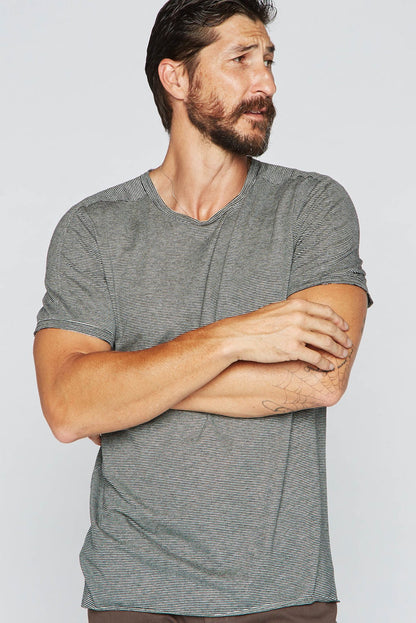 Men's Raw Edge Patch Sleeve Stripe Tee - Black / White Mini Stripe