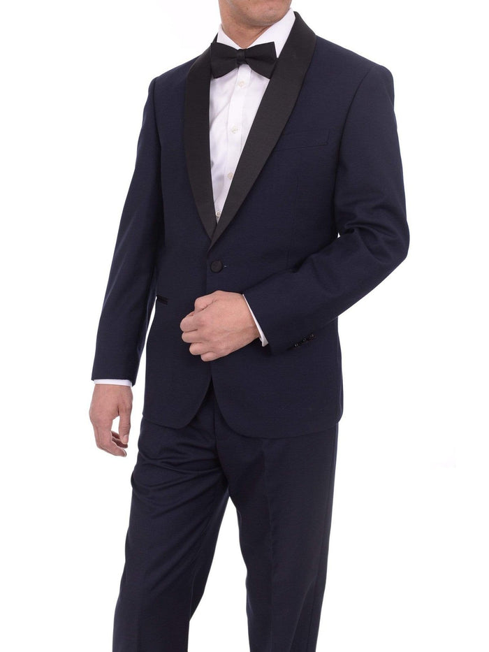 Mens Slim Fit Navy Blue One Button Tuxedo Suit With Black Satin Shawl Lapel - The Suit Depot