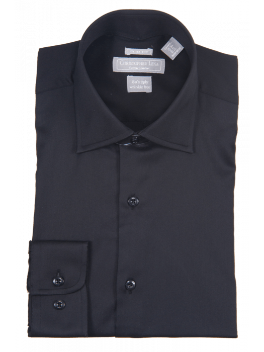 Mens Slim Fit Solid Black Spread Collar Wrinkle Free 100% Cotton Dress Shirt - The Suit Depot