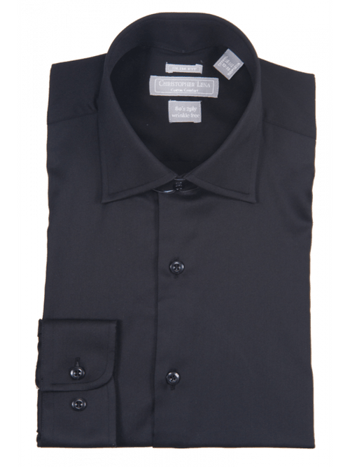 Mens Slim Fit Solid Black Spread Collar Wrinkle Free 100% Cotton Dress Shirt - The Suit Depot