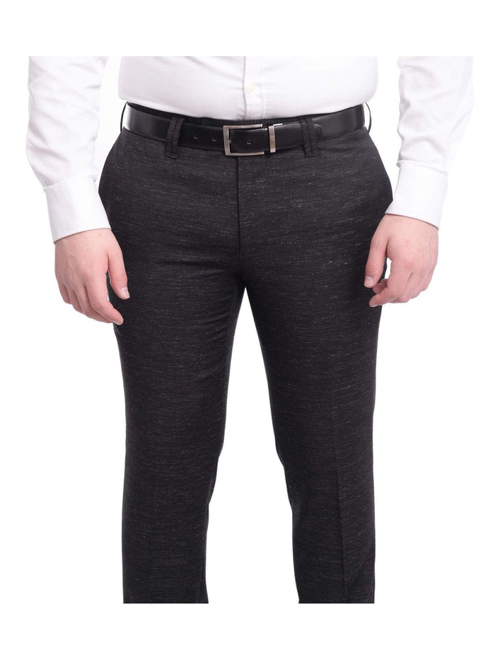 Napoli PANTS Napoli Slim Fit Textured Black Flat Front Wool Dress Pants