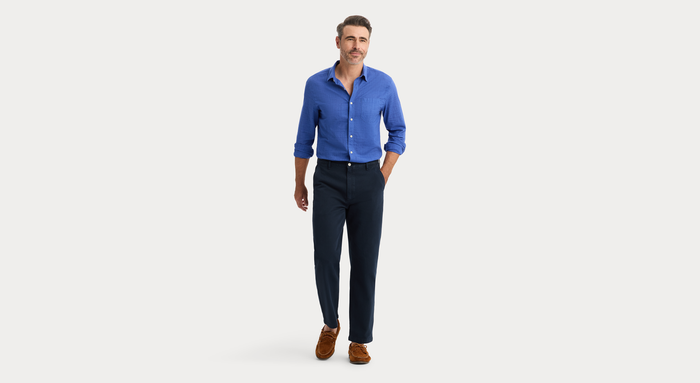 View of model wearing Navy Blazer Original Chino Pants, Relaxed Taper Fit.