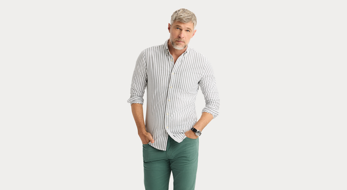 View of model wearing Lakeside Oxford Shirt, Slim Fit.