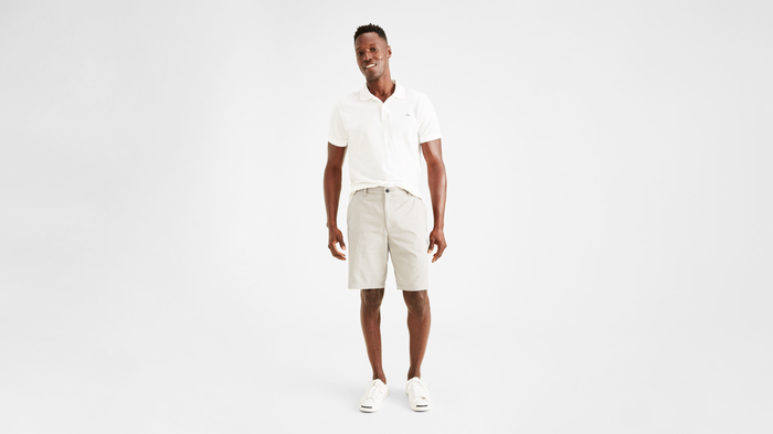 Front view of model wearing Porcelain Khaki Perfect 8" Shorts, Classic Fit.