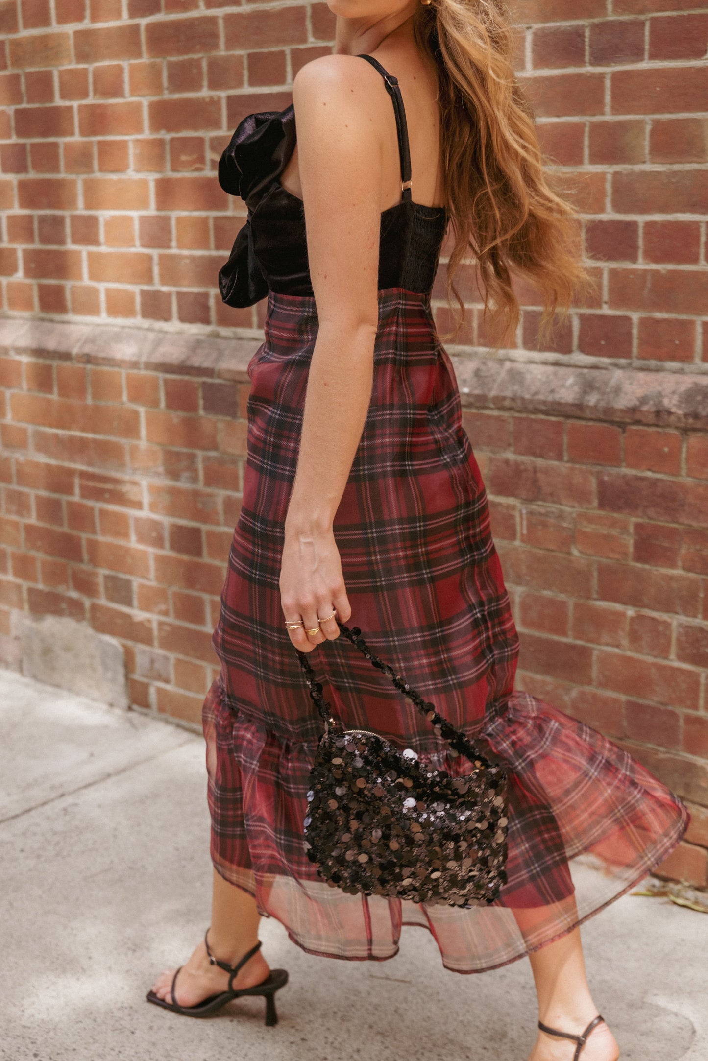 Amelie Bow Front One Shoulder Midi Dress - Red Plaid