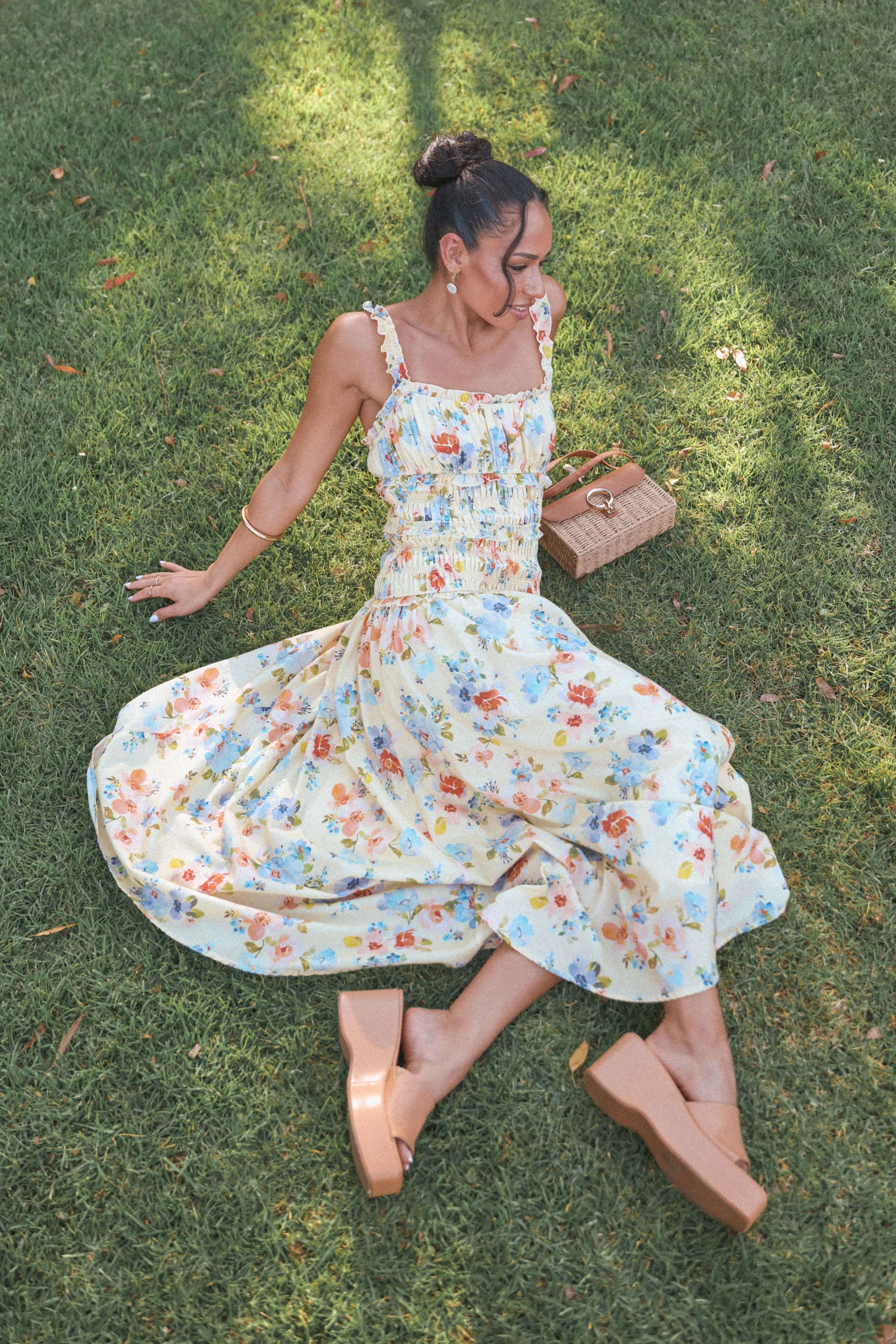 Enola Gather Midi Dress - Yellow Floral