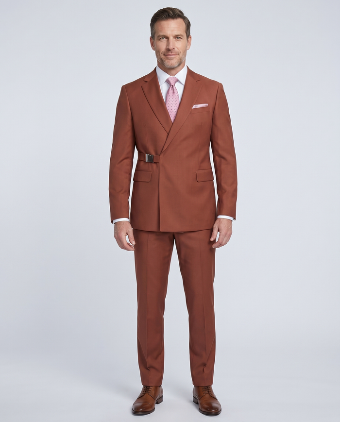 Pierre Carlos Solid Rust Slim Fit Double Breasted Stretch Suit with Buckle Closure