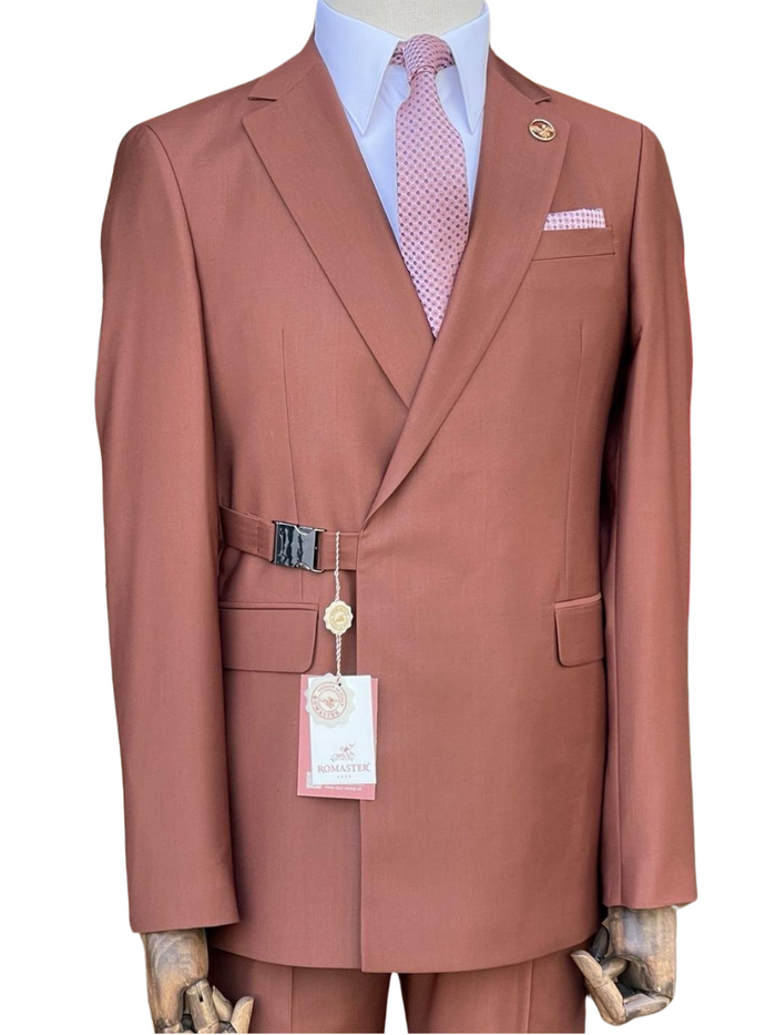 Pierre Carlos Solid Rust Slim Fit Double Breasted Stretch Suit with Buckle Closure