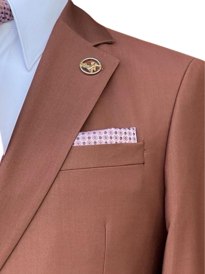 Pierre Carlos Solid Rust Slim Fit Double Breasted Stretch Suit with Buckle Closure