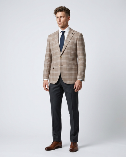 Private Label Mens Beige Windowpane Classic Fit Blazer Sportcoat