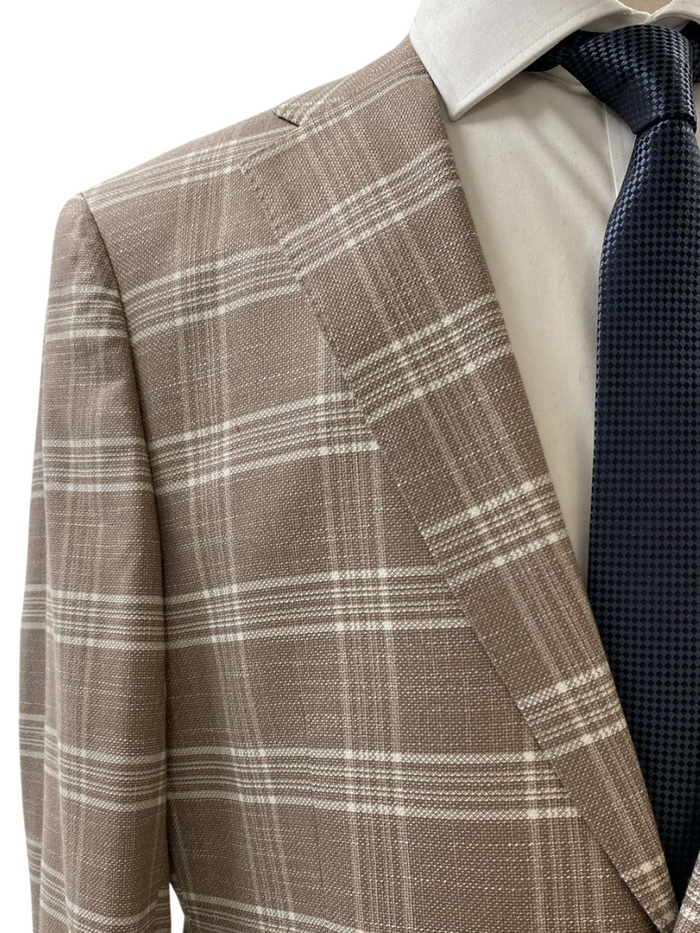 Private Label Mens Beige Windowpane Classic Fit Blazer Sportcoat