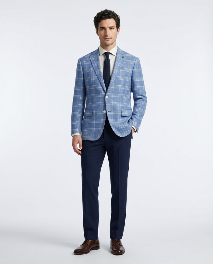 Private Label Mens Light Blue Windowpane Classic Fit Blazer Sportcoat
