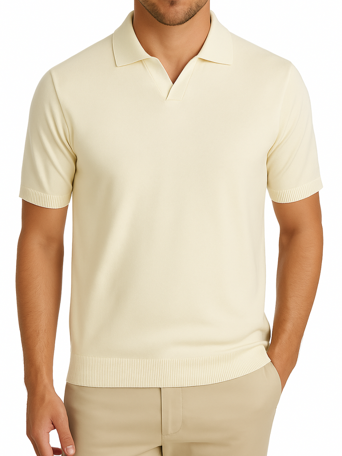 P.S. Shirts Ecru Cotton Silk Blend Short Sleeve Johnny Collar Polo Casual Shirt