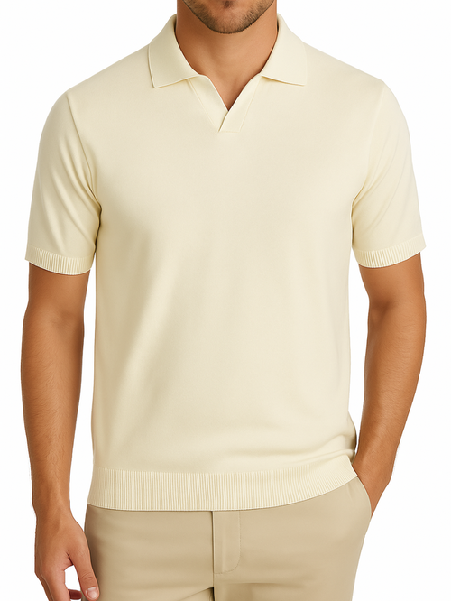 P.S. Shirts Ecru Cotton Silk Blend Short Sleeve Johnny Collar Polo Casual Shirt