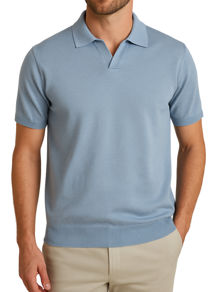 P.S. Shirts Light Blue Cotton Silk Blend Short Sleeve Johnny Collar Polo Casual Shirt