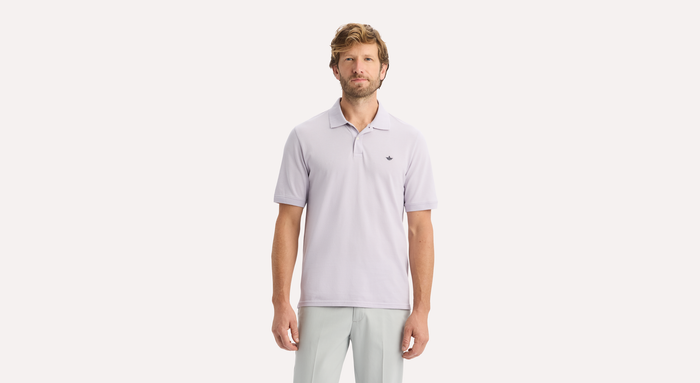 View of model wearing Thistle Rib Collar Polo, Slim Fit.