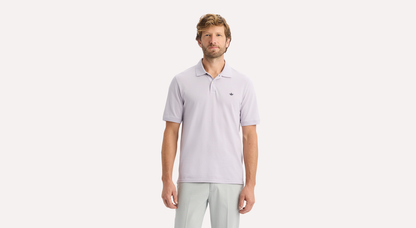 View of model wearing Thistle Rib Collar Polo, Slim Fit.