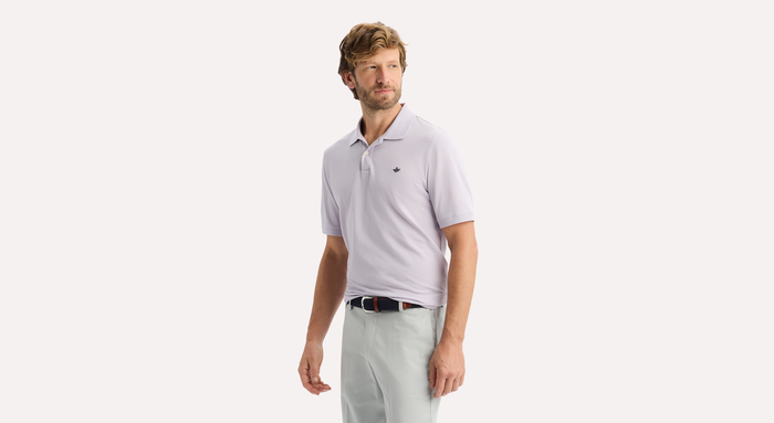 View of model wearing Thistle Rib Collar Polo, Slim Fit.