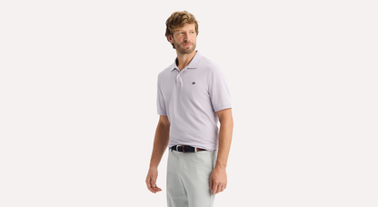 View of model wearing Thistle Rib Collar Polo, Slim Fit.
