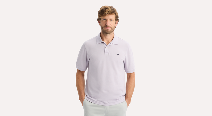 View of model wearing Thistle Rib Collar Polo, Slim Fit.