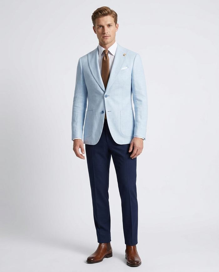 Romaster Light Blue Slim Fit Linen Blend Blazer Sportcoat With Patch Pockets
