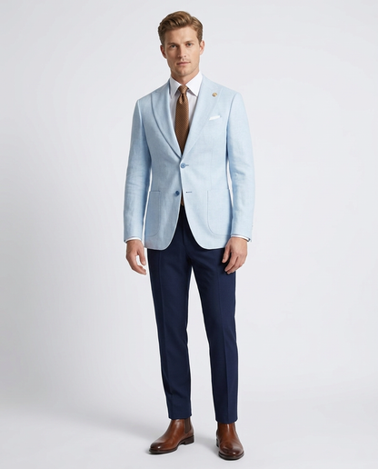 Romaster Light Blue Slim Fit Linen Blend Blazer Sportcoat With Patch Pockets