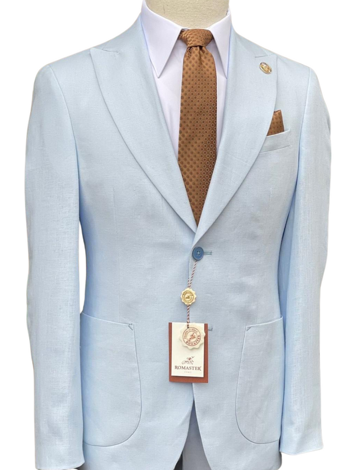 Romaster Light Blue Slim Fit Linen Blend Blazer Sportcoat With Patch Pockets