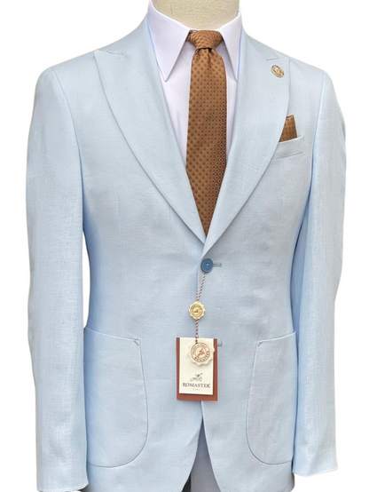 Romaster Light Blue Slim Fit Linen Blend Blazer Sportcoat With Patch Pockets
