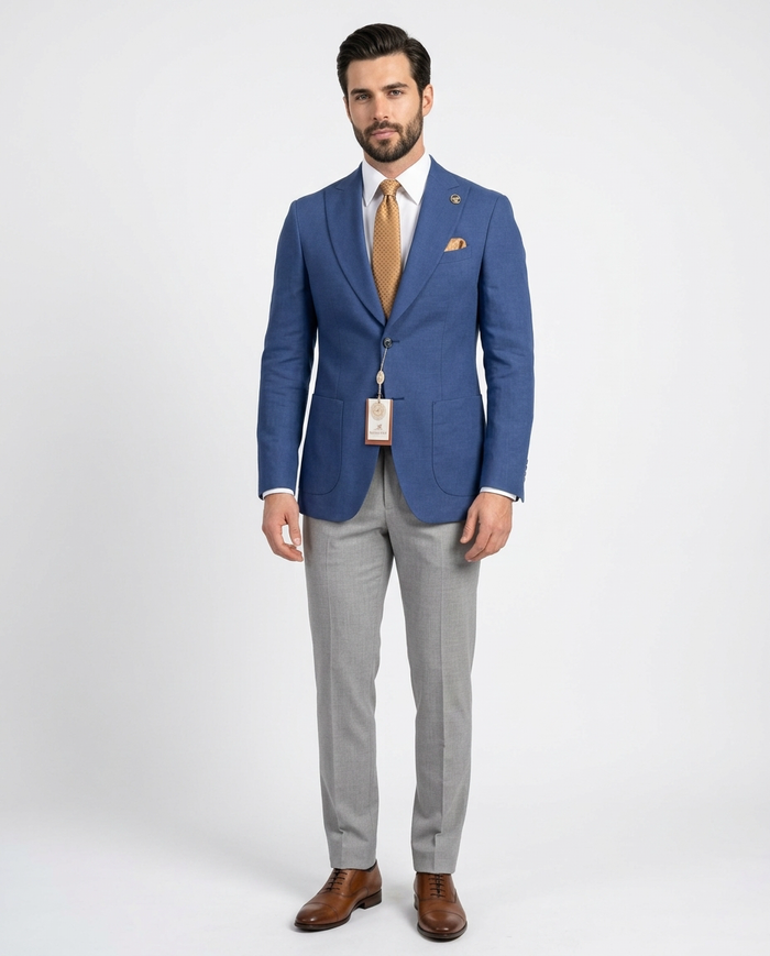 Romaster Mens Blue Slim Fit Linen Blend Blazer Sportcoat With Patch Pockets