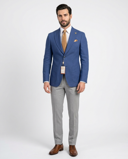 Romaster Mens Blue Slim Fit Linen Blend Blazer Sportcoat With Patch Pockets