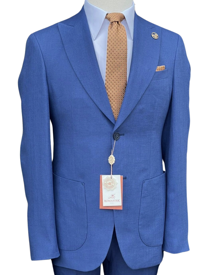 Romaster Mens Blue Slim Fit Linen Blend Blazer Sportcoat With Patch Pockets