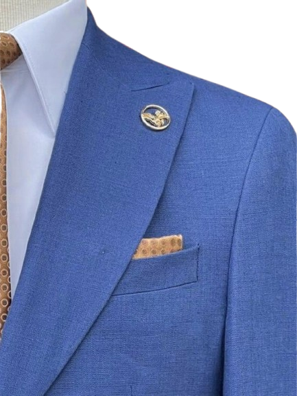 Romaster Mens Blue Slim Fit Linen Blend Blazer Sportcoat With Patch Pockets