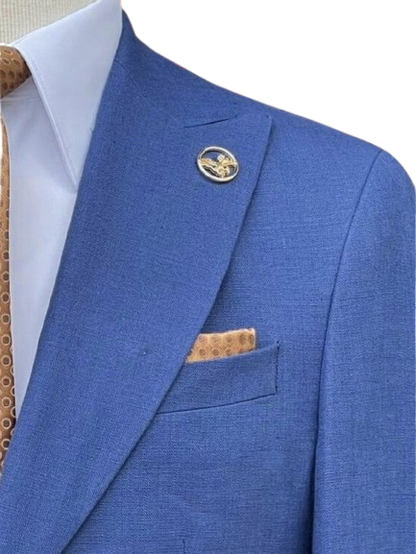 Romaster Mens Blue Slim Fit Linen Blend Blazer Sportcoat With Patch Pockets
