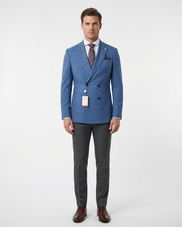 Romaster Mens Double Breasted Blue Slim Fit Stretch Wool Blend Blazer Sportcoat