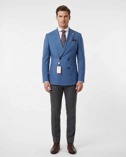 Romaster Mens Double Breasted Blue Slim Fit Stretch Wool Blend Blazer Sportcoat