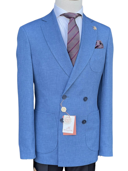 Romaster Mens Double Breasted Blue Slim Fit Stretch Wool Blend Blazer Sportcoat