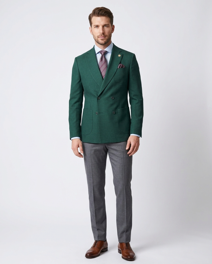Romaster Mens Double Breasted Green Slim Fit Stretch Wool Blend Blazer Sportcoat