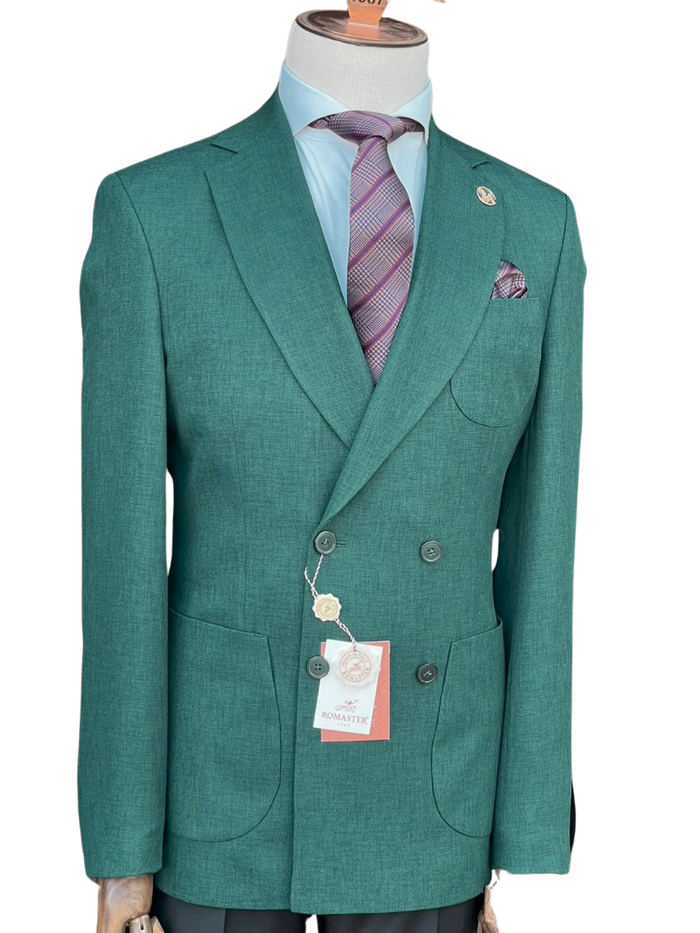 Romaster Mens Double Breasted Green Slim Fit Stretch Wool Blend Blazer Sportcoat