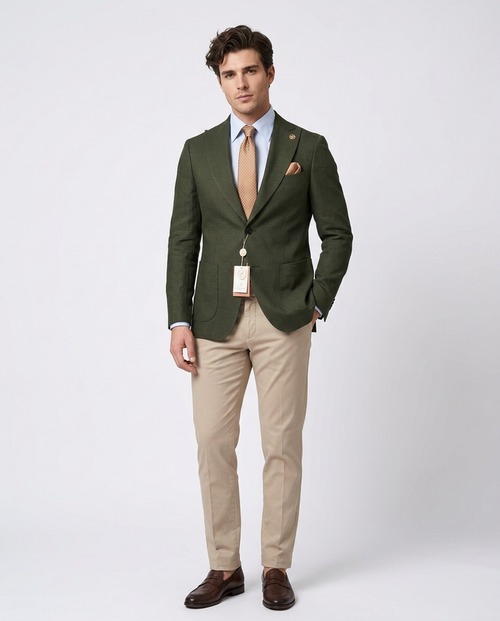 Romaster Mens Green Slim Fit Linen Blend Blazer Sportcoat With Patch Pockets