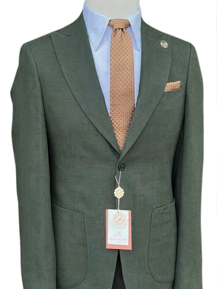 Romaster Mens Green Slim Fit Linen Blend Blazer Sportcoat With Patch Pockets